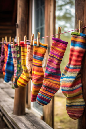 colorful wool socks hanging on a clothesline, created with generative aiの素材