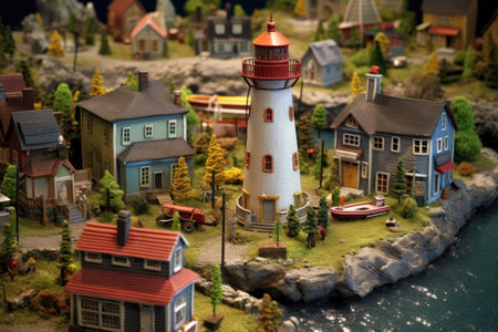 miniature village harbor with boats and lighthouse, created with generative aiの素材