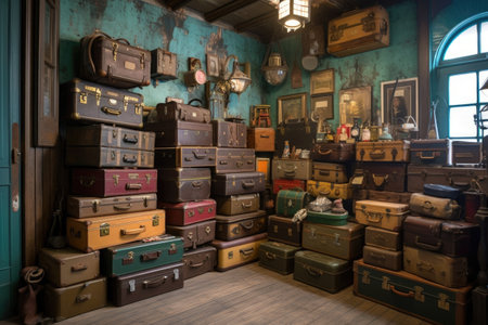 vintage luggage sets displayed in an antique shop, created with generative aiの素材