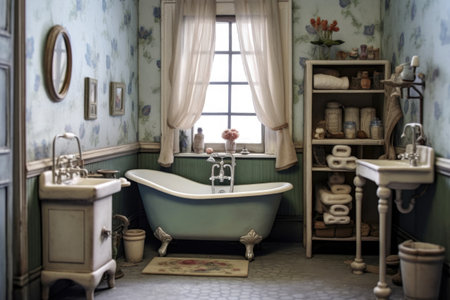 miniature bathroom with clawfoot tub in dollhouse, created with generative aiの素材