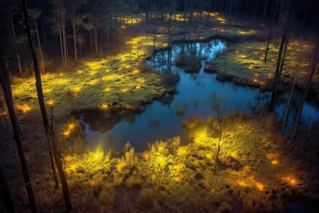 aerial view of a firefly-illuminated swamp at dusk, created with generative aiの素材