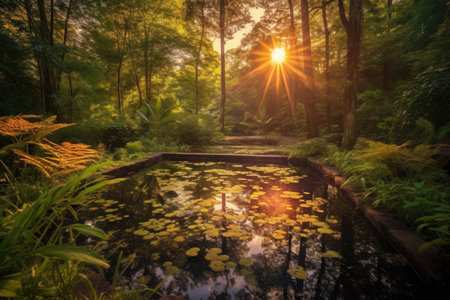 sunrise reflecting off a tranquil pool in a lush forest, created with generative aiの素材