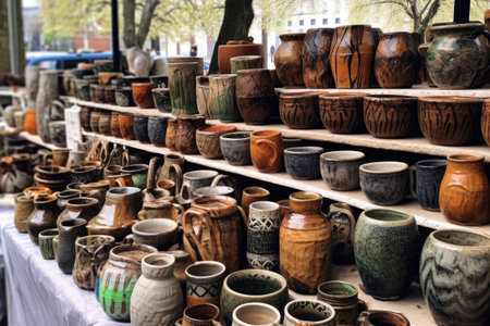 handmade pottery and ceramics displayed at a market stall, created with generative aiの素材