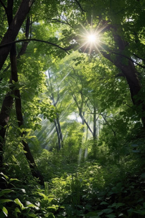 sun shining through a canopy of lush, green trees, created with generative aiの素材