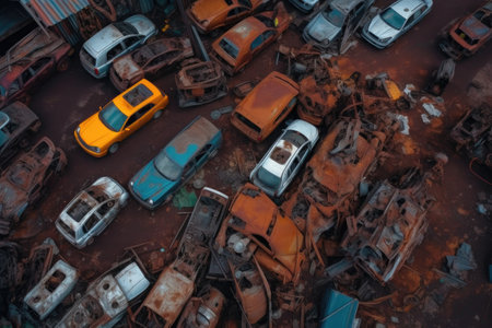 aerial view of a car junkyard with rusty wrecks, created with generative aiの素材