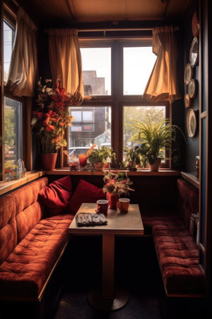 a cozy corner booth with cushions and a window view, created with generative aiの素材