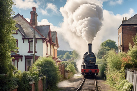 smoke billowing from steam engine train chimney, created with generative aiの素材