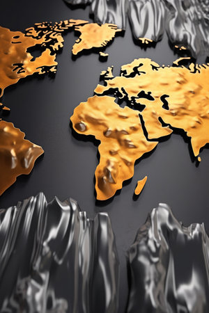 3d metallic world map with raised continents, created with generative aiの素材