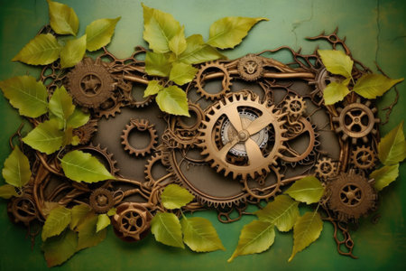steampunk gears combined with nature elements vines, leaves, created with generative aiの素材