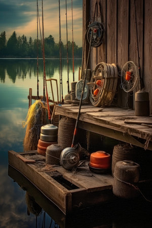 fishing equipment on a dock with a calm lake, created with generative aiの素材