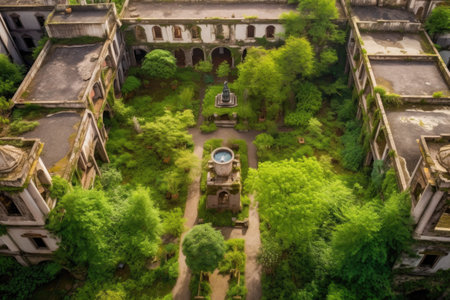 aerial view of lush monastery garden and courtyard, created with generative aiの素材