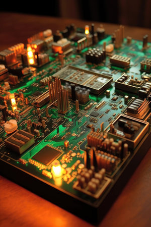 circuit board with glowing led lights, created with generative aiの素材