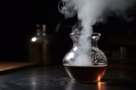 close-up of flask, with steam rising from boiling liquid, created with generative aiの素材