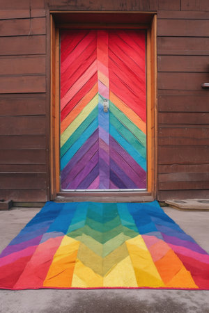 colorful welcome mat on a clean doorstep, created with generative aiの素材