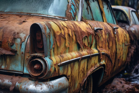 close-up of a rusty cars peeling paint and patina, created with generative aiの素材