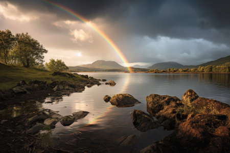 rainbow forming over a picturesque landscape, created with generative aiの素材