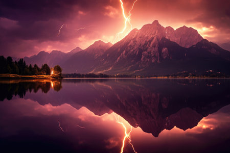lightning reflection on a calm lake with surrounding mountains, created with generative aiの素材