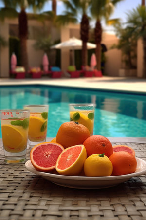 citrus fruits and refreshing drinks by the poolside, created with generative aiの素材