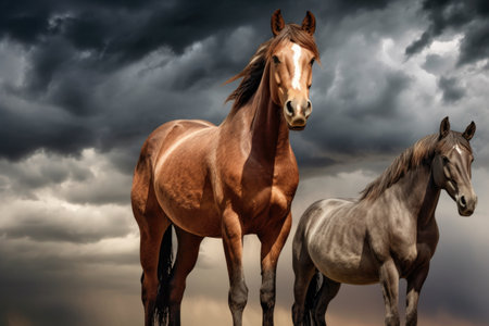 wild horses standing majestically against a stormy sky backdrop, created with generative aiの素材
