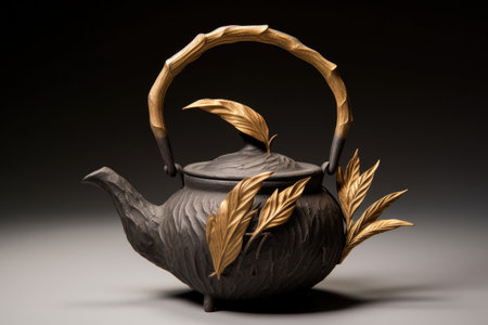 japanese cast iron teapot with tea leaves, created with generative aiの素材