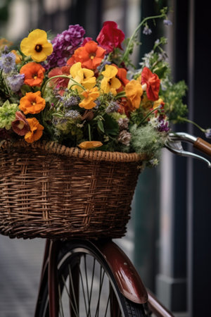 close-up of a bicycle with a flower basket, created with generative aiの素材