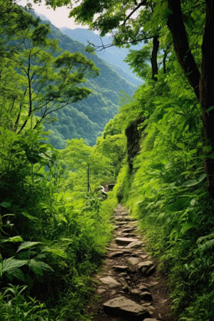 scenic view of a mountain trail with lush greenery, created with generative aiの素材