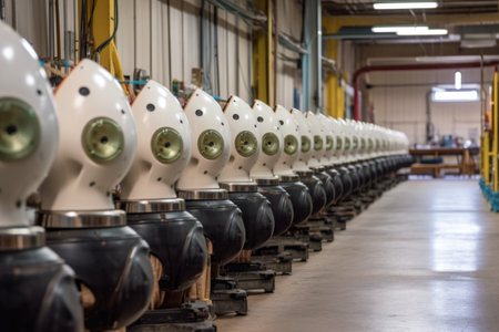 row of finished robots lined up for quality inspection, created with generative aiの素材