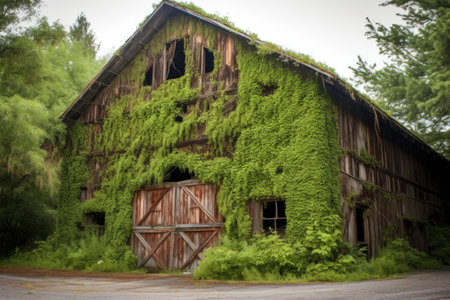 rustic barn covered in greenery, created with generative aiの素材