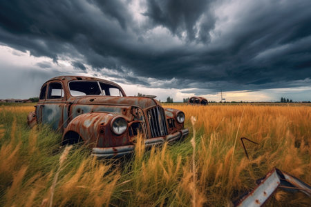 rusty car wreck in a field with a stormy sky backdrop, created with generative aiの素材