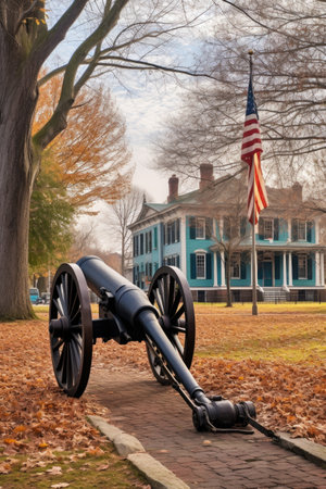 cannon in a historic military park with american flag at half-mast, created with generative aiの素材