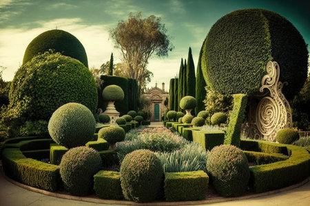 topiary garden, with intricate designs and botanical touches, created with generative aiの素材