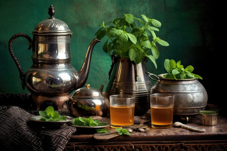 moroccan kettle with tea glasses and mint leaves, created with generative aiの素材