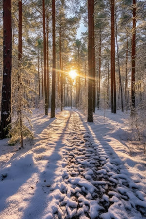 snow-covered pine forest on a sunny winter day, created with generative aiの素材