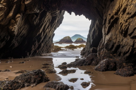 sea cave framed by rocky coastline at low tide, created with generative aiの素材