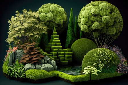 topiary garden with different types of plants, including moss and ferns, created with generative aiの素材
