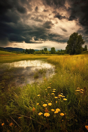 dramatic storm clouds gathering over a peaceful meadow, created with generative aiの素材