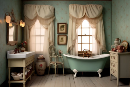 detailed dollhouse bathroom with clawfoot tub and vanity, created with generative aiの素材