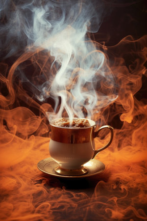 smoke escaping from a steaming hot cup of coffee, created with generative aiの素材
