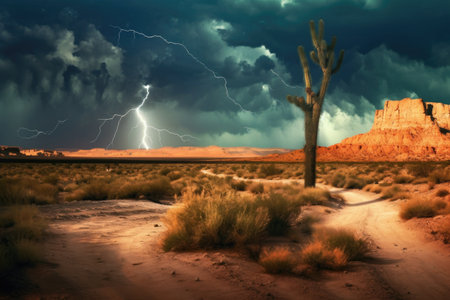 desert landscape lit up by an intense lightning bolt, created with generative aiの素材