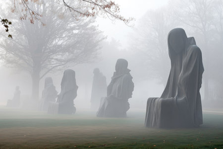 group of unique sculptures emerging from the mist in a park, created with generative aiの素材