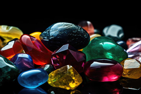 close-up of various colorful gemstones on black background, created with generative aiの素材