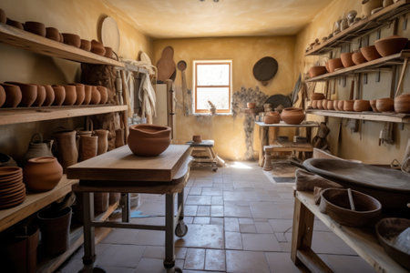 pottery studio, with wheels and kilns in use by artists creating unique ceramics, created with generative aiの素材