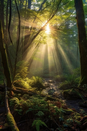 sunrays peeking through a dense forest at dawn, created with generative aiの素材