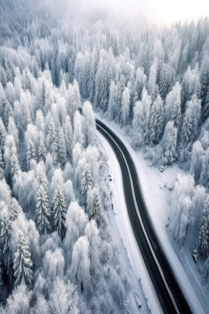 aerial view of a snowy forest road, created with generative aiの素材