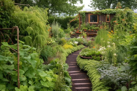 a winding garden path lined with assorted edible plants, created with generative aiの素材