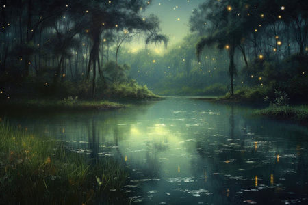 reflection of fireflies on swamp water at dusk, created with generative aiの素材