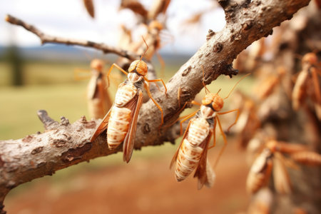 close-up of locusts on a tree branch in africa, created with generative aiの素材