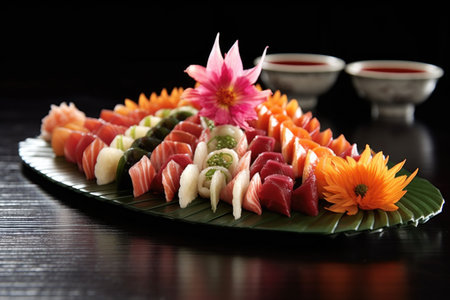 sushi rolls and sashimi pieces arranged like a flower on a plate, created with generative aiの素材
