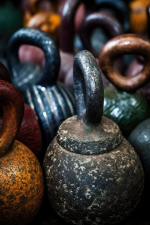 close-up of kettlebells in various sizes, created with generative aiの素材