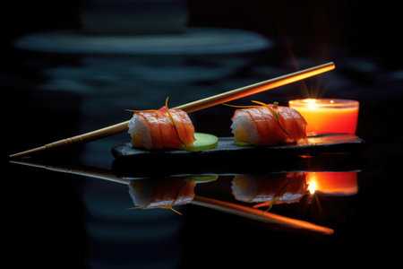 close-up of sushi nigiri with glowing chopsticks, created with generative aiの素材